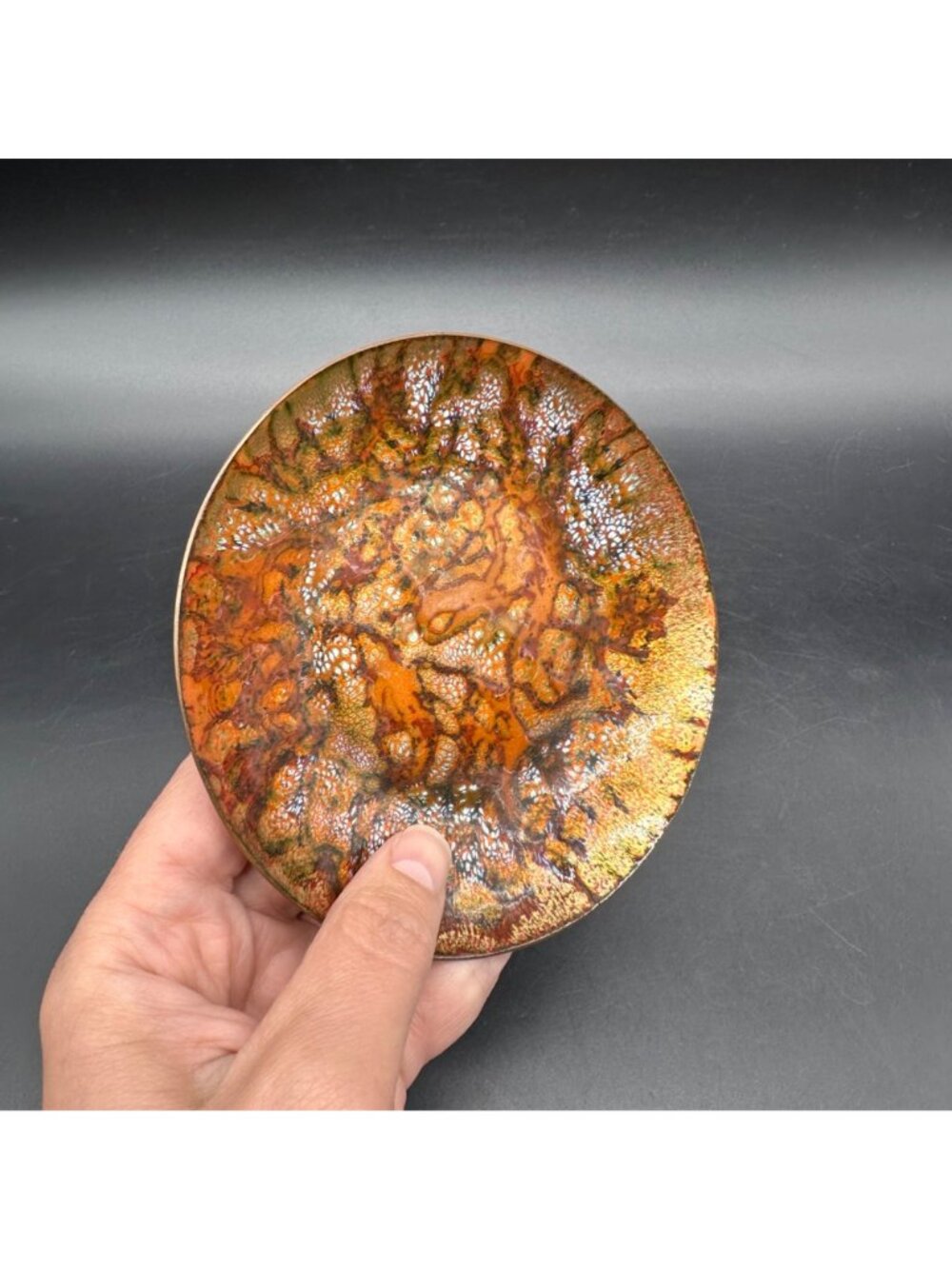 Vintage Bonnie Shopper Enamel On Copper Trinket Dish Mid Century Modern Orange - Picture 6 of 8